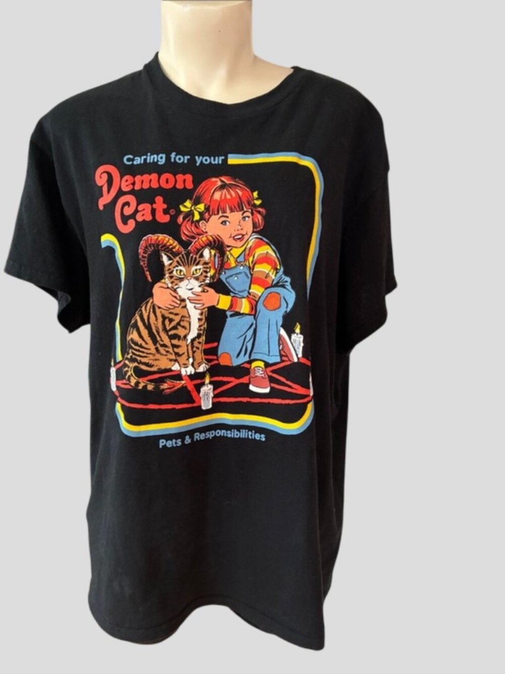 Caring For Your Demon Cat - Steven Rhodes Funny T-Shirt Size Large